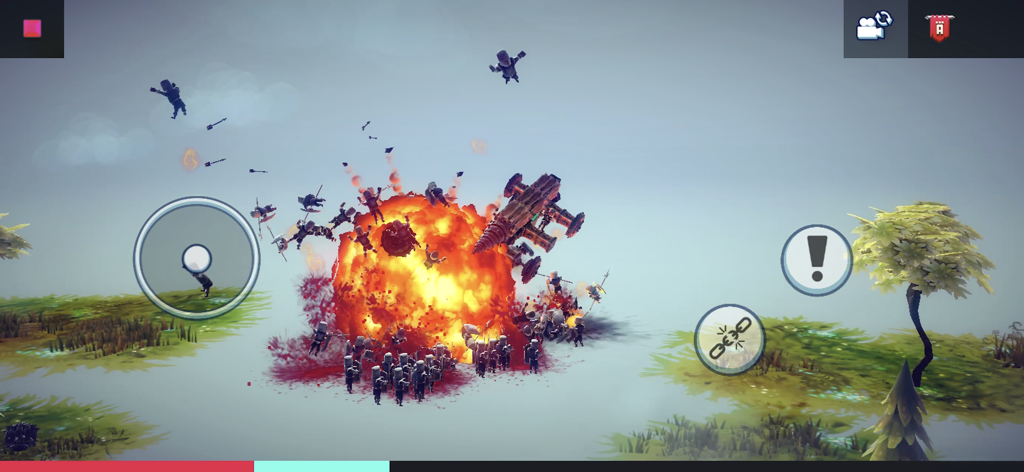 A mechanical siege engine causes a massive explosion destroying an army in Besiege Mobile gameplay.