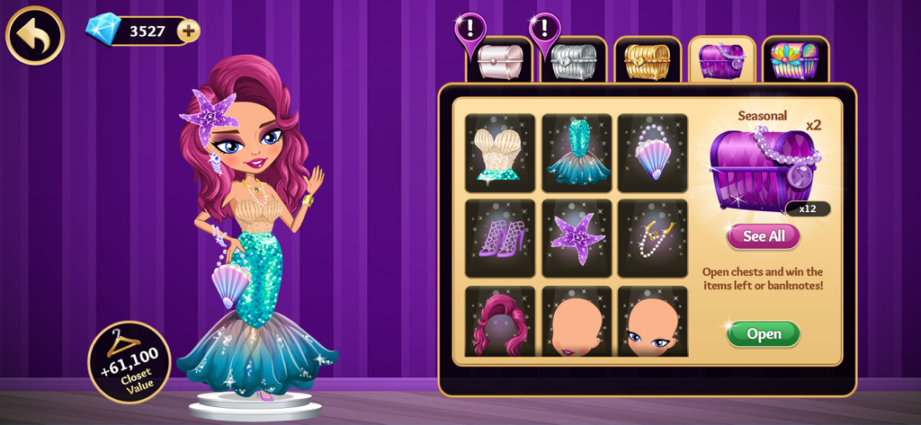 Fashion Cup - Dress up & Duel - Fashion Cup character dressed in mermaid style next to a seasonal mystery chest menu showing various fashion items.