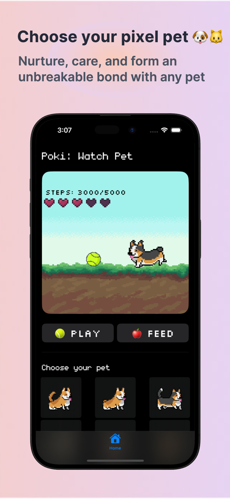 poki - virtual watch pet - Captura de pantalla de la interfaz de la aplicación Poki mostrando un perro de pixel art y el progreso del seguimiento de pasos