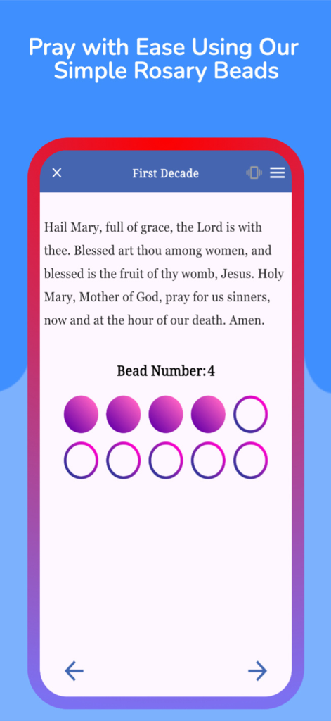 Rosary app interface showing the Hail Mary prayer and visual bead tracker for the first decade.