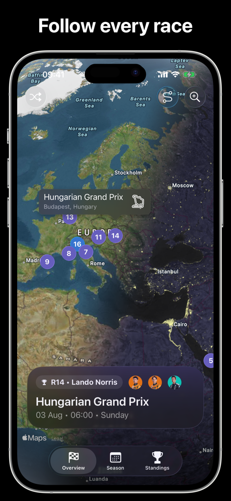 Lights Out app showing Formula 1 race locations on a satellite globe map