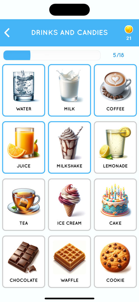 Educational app screen displaying a grid of images for drinks and candies with their English names including water milk and cake