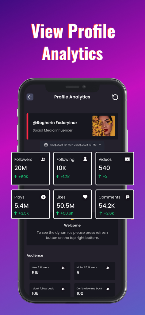 TikPro : Save Tik Videos - TikPro app screenshot showing social media profile analytics including followers, plays, likes, and engagement metrics