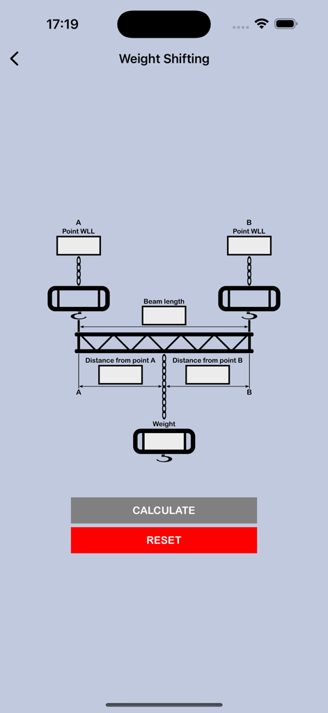 Rigging Bridle Calculator+ - Interfaz móvil para calcular la distribución y el desplazamiento del peso en una viga de montaje entre dos puntos de apoyo.