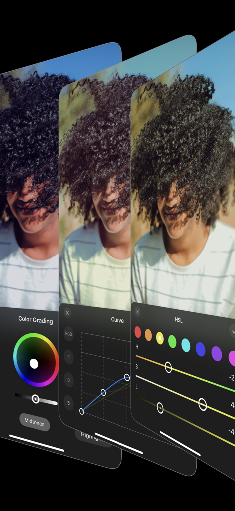 カラーグレーディングカーブ調整やHSLスライダーなどのプロの写真編集ツールを示すモバイルアプリインターフェイス