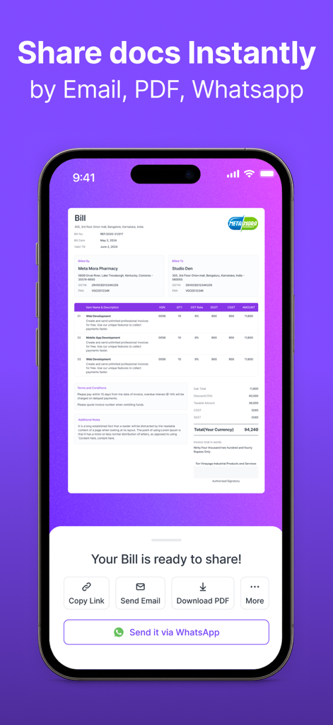 Refrens Invoice maker Bill App - Refrens app screenshot showing professional invoice sharing options via email PDF and WhatsApp.