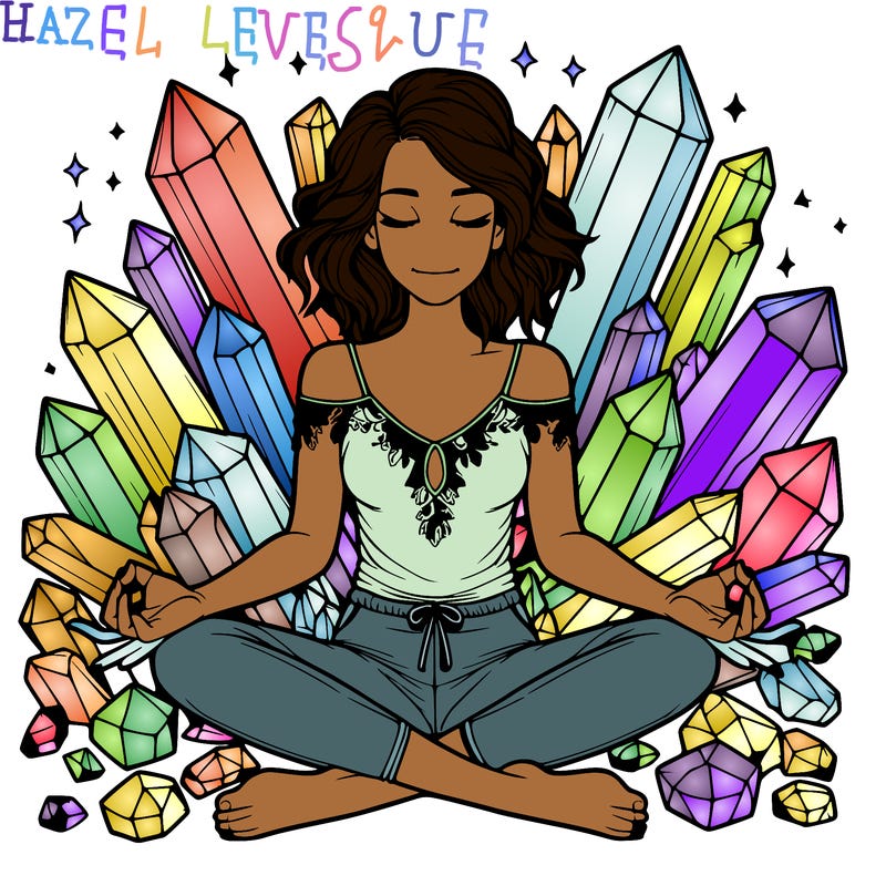realistic girl mediating surrounded by crystals