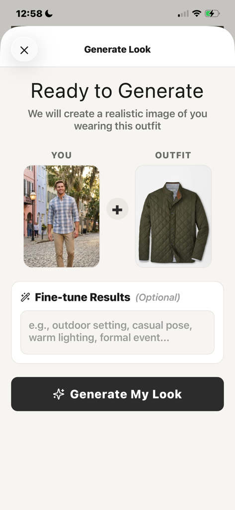 Try Me On - Interface do aplicativo Experimente mostrando o processo de combinação de uma foto do usuário com uma jaqueta para uma experimentação virtual com IA