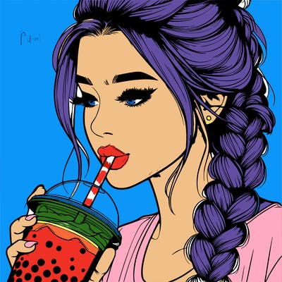 realistic girl drinking boba tea with braided hair
