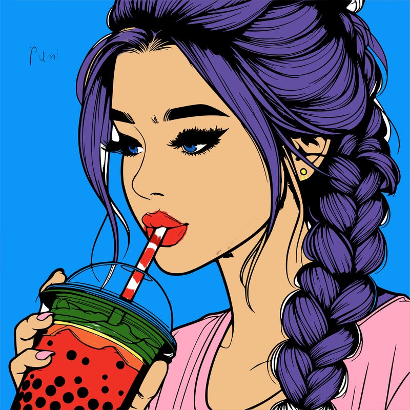 realistic girl drinking boba tea with braided hair