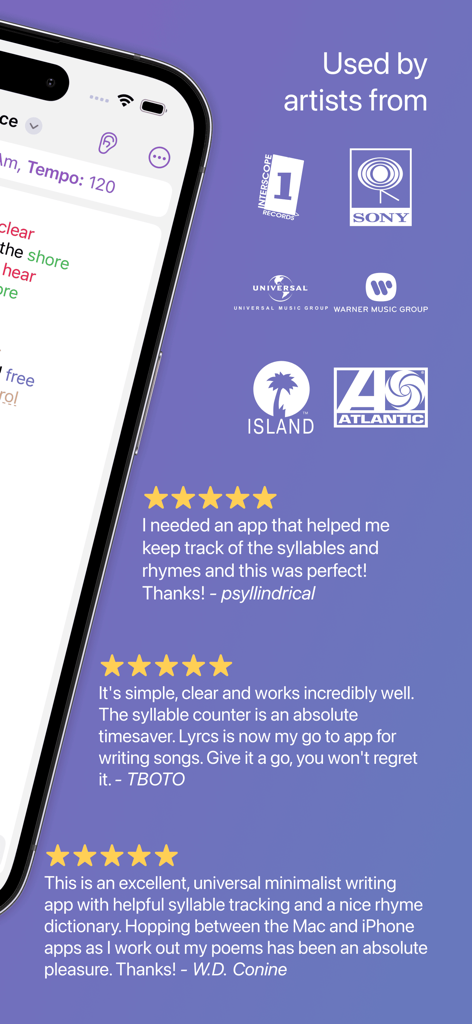 User reviews and record label logos showing the popularity of the Lyrcs songwriting app.