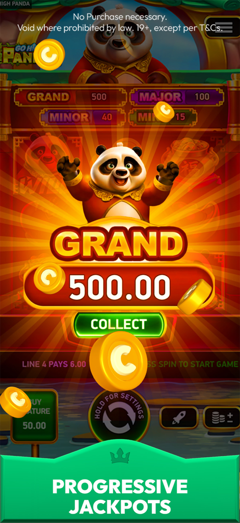 CrownCoins Casino app screenshot showing a grand progressive jackpot win with a panda character.