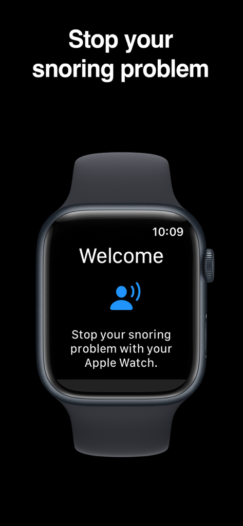 Apple Watch screen showing the welcome message for the Snore Alarm app