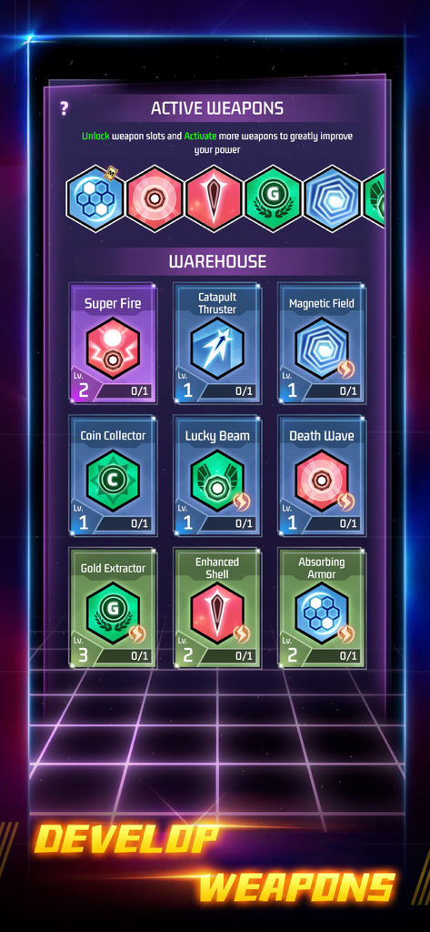 Space Tower - Galaxy Tower TD - A menu showing active weapons and warehouse upgrade cards for a space tower defense game