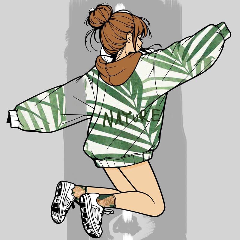 realistic girl jumping with a bun and oversized sweatshirt
