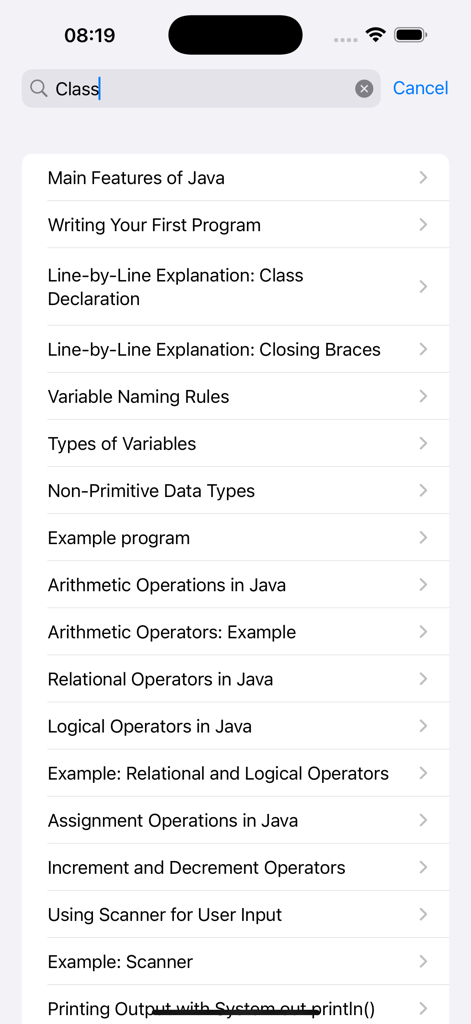 Learn Java Programming Pro - A search interface within the Learn Java Programming Pro app showing a list of Java programming lessons and tutorials.