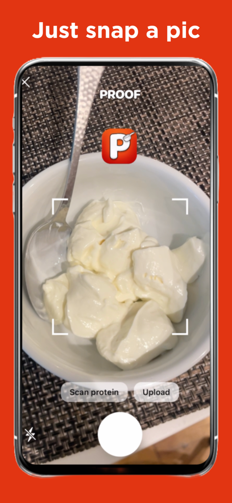 Proof - Protein Tracker - Proof protein tracker app screenshot showing the photo scan feature for a bowl of food