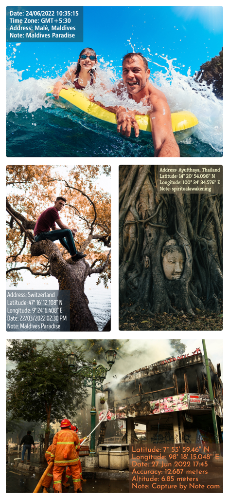 A collage of four photos showing GPS coordinates, date, time, and custom notes stamped directly onto images of travel and professional field work.