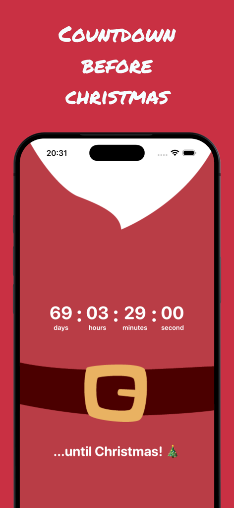 App del conto alla rovescia di Natale che mostra giorni e ore rimanenti a Natale con uno sfondo a tema costume di Babbo Natale