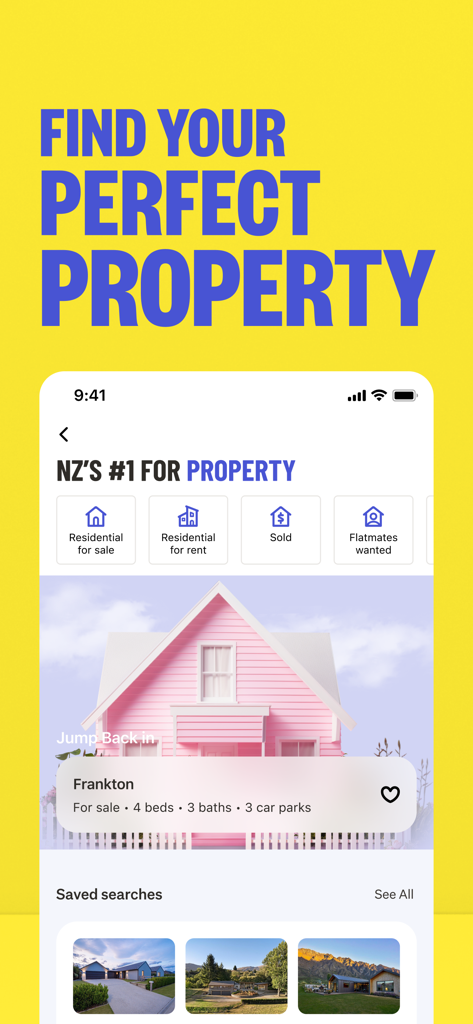 Trade Me: Property, Jobs, Shop - Trade Me mobile App-Oberfläche, die Immobiliensuche und Immobilienangebote in Neuseeland anzeigt.
