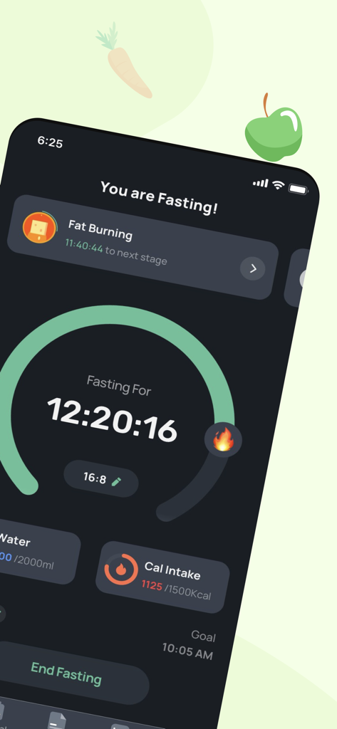 Interface de l'application de jeûne intermittent Fastin avec un minuteur de jeûne de 16 à 8 et un statut de phase de combustion des graisses.