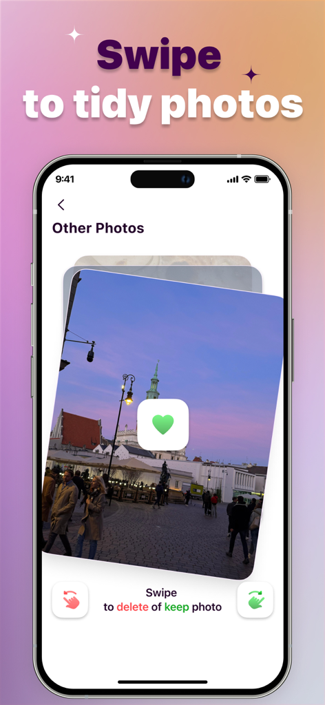 Smartphone screen showing the Expandify app photo tidying feature with swipe to delete or keep options