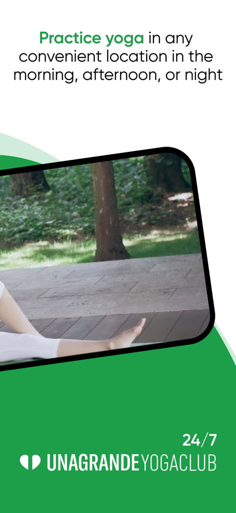 Woman practicing yoga outdoors illustrating the Yoga Club app's 24/7 flexible location and time feature.