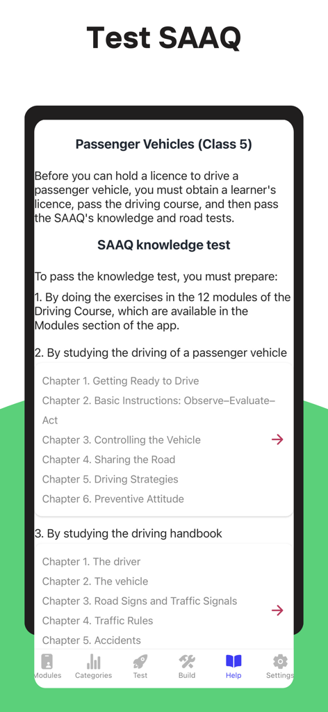 Test SAAQ - Pantalla de la aplicación Test SAAQ que muestra los capítulos de la guía de estudio y los requisitos para una licencia de vehículo de pasajeros Clase 5 en Quebec