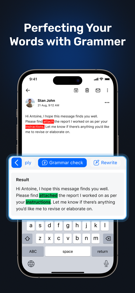 SwiftPress AI Writing Keyboard - A mobile screenshot of SwiftPress AI Writing Keyboard correcting grammar and spelling mistakes in an email draft.