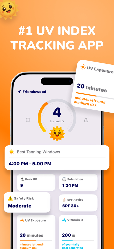 Sunkissed – SPF Tanning App - Sunkissed app screen displaying UV index and tanning safety metrics