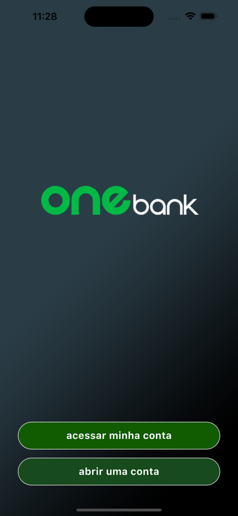 OneBank app home screen with buttons to access an existing account or open a new digital bank account.