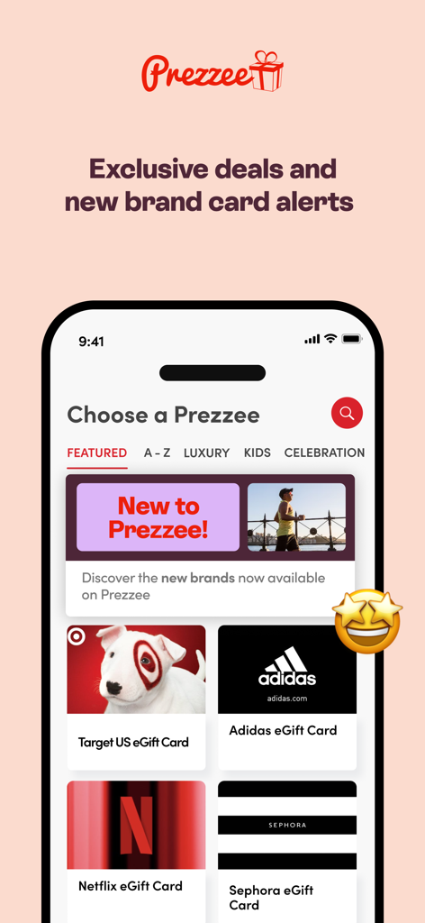 Prezzee mobile app interface displaying digital gift cards from top brands like Target and Adidas