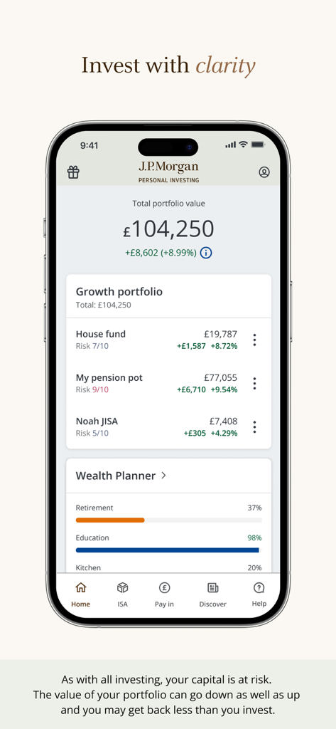 JP Morgan Personal Investing app dashboard displaying portfolio balance and investment goals