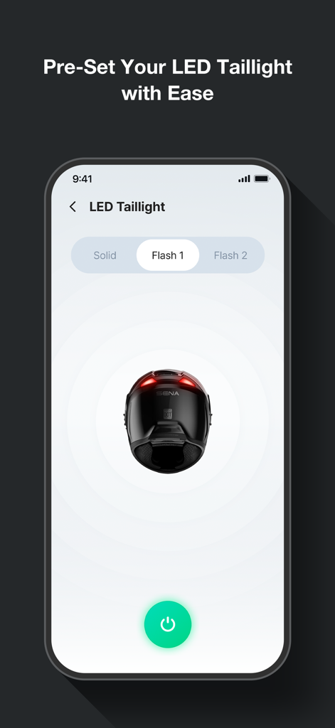 Sena Motorcycles - Interface de l'application Sena Motorcycles montrant les réglages d'un feu arrière LED de casque avec modes clignotant et fixe