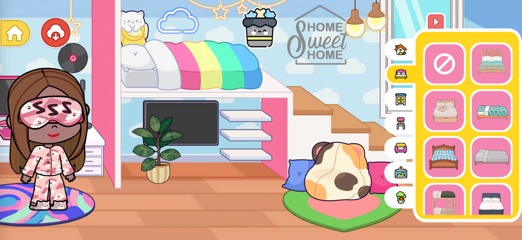 Bedroom Ideas World - Personaje de dibujos animados en una habitación decorada a medida con menú de selección de muebles en la aplicación Bedroom Ideas World