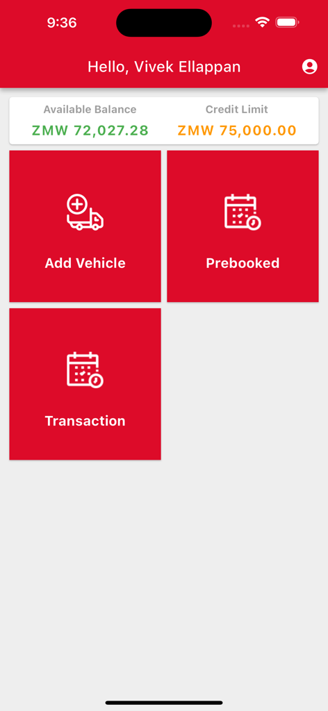 Meru Fleet Solutions - Pantalla de inicio de la aplicación Meru Fleet Solutions mostrando el saldo de la cuenta, el límite de crédito y los botones de menú para agregar vehículos y ver transacciones