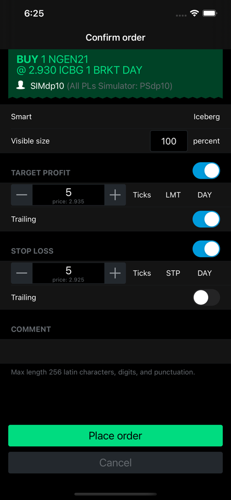 CQG mobile app order confirmation screen for professional futures trading with profit and stop loss settings