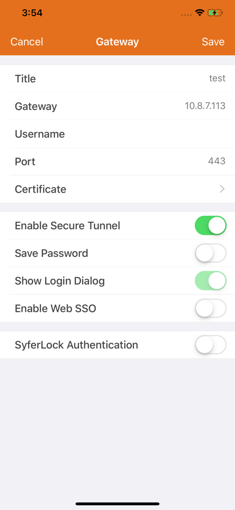 MotionPro Global - IP 주소, 포트, 보안 터널 토글과 같은 네트워크 설정을 보여주는 MotionPro Global 앱 게이트웨이 구성 화면.