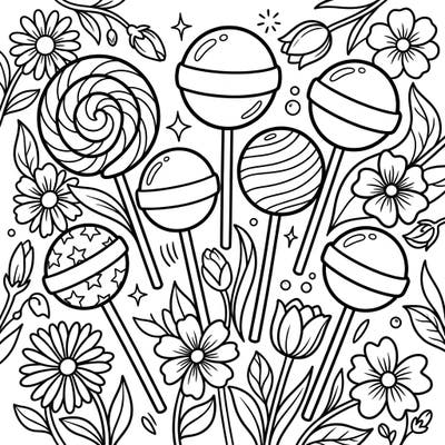 Unwrap the fun with this delightful Pop Art lollipop coloring page, perfect for celebrating the sweet arrival of spring. Discover bold designs of candies amidst a flourishing garden, ready for your artistic touch.