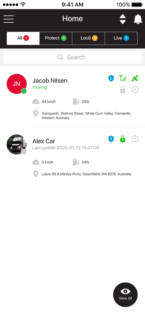 QuikTrak Pro - QuikTrak Pro App Startbildschirm mit Echtzeit-GPS-Standort, Geschwindigkeit und Status für mehrere verfolgte Vermögenswerte