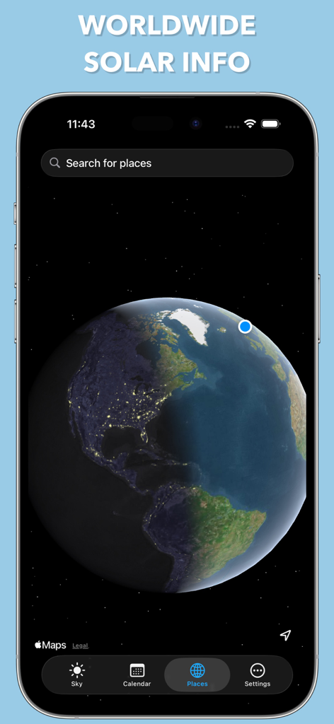 Sunrise Sunset Widget - Informações solares mundiais exibidas em um globo 3D interativo.