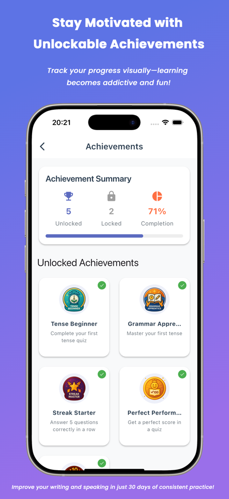 Tense Quest: 16 English Tenses - Tense Quest app achievements page showing unlocked badges and learning progress summary