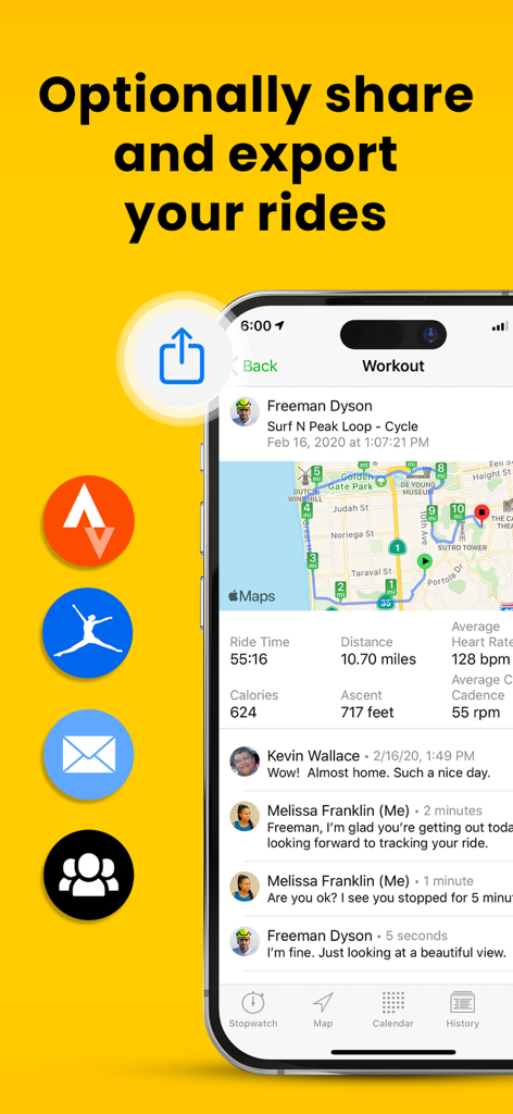 Cyclemeter Cycling GPS Tracker - Interface do aplicativo Cyclemeter mostrando um resumo de treino de ciclismo com mapa, métricas de desempenho e ícones de compartilhamento para Strava e MyFitnessPal.