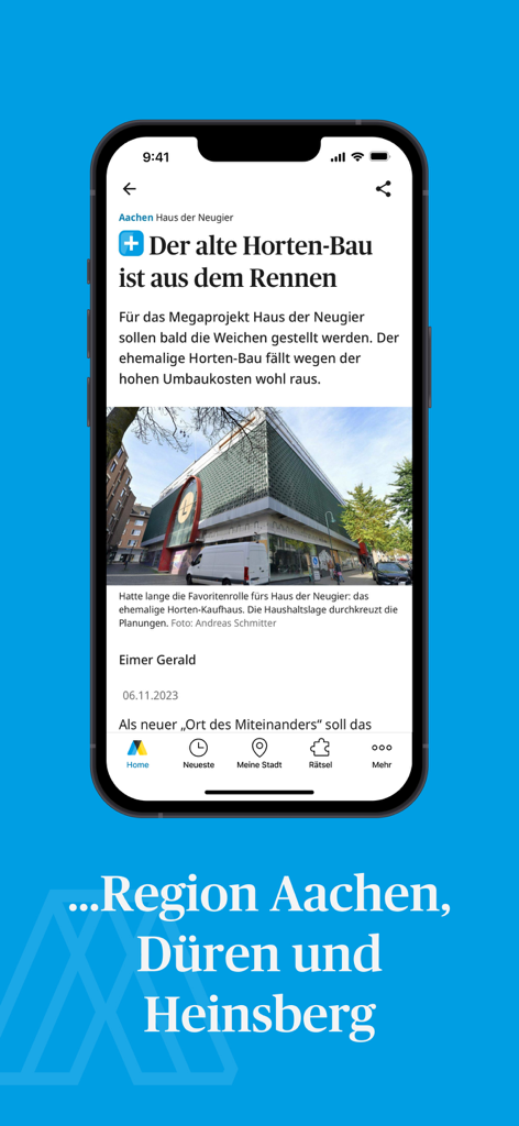 Aachener Zeitung News - A screenshot of the Aachener Zeitung News mobile app interface showing a regional news article and navigation menu