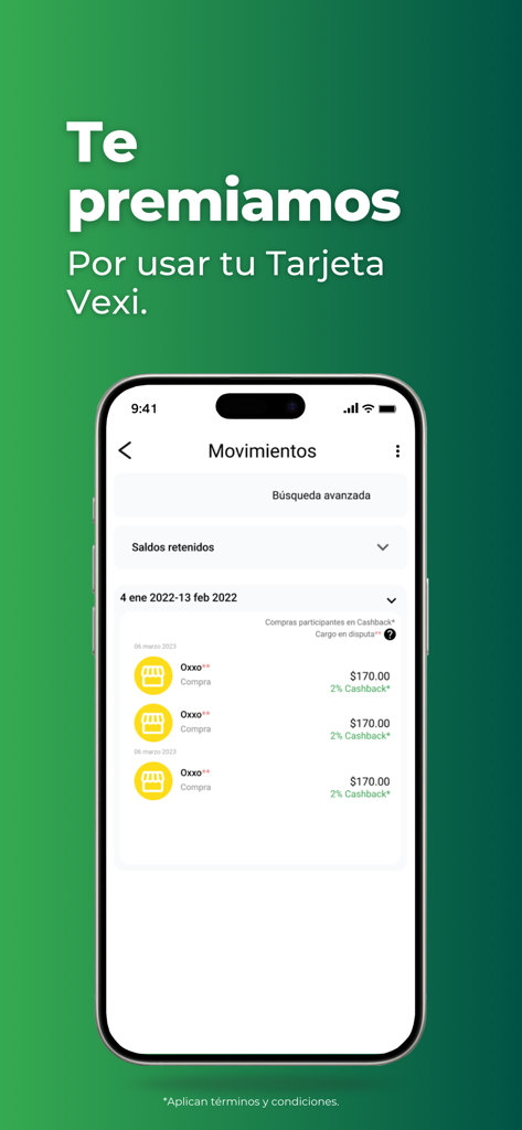 Vexi - Pantalla de smartphone de la app Vexi que muestra el historial de transacciones y las recompensas de cashback sobre un fondo verde