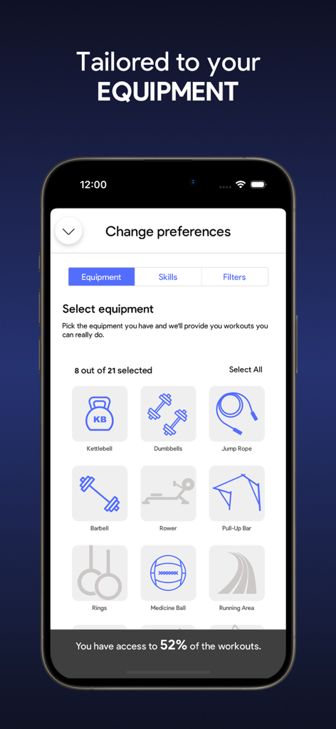 SmartWOD app equipment selection screen featuring icons for kettlebells dumbbells and jump ropes to tailor functional fitness workouts.