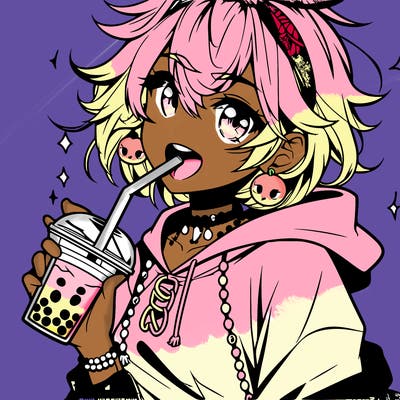 hot baddie anime girl drinking boba and biting the straw