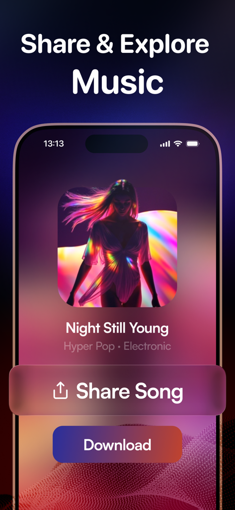 TuneCraft. AI Song Generator - TuneCraft app interface showing a share and download screen for an AI generated song titled Night Still Young