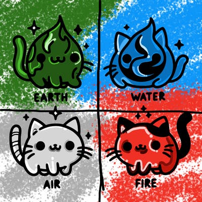 4 cats that represent the different elements, earth, water, air, and fire