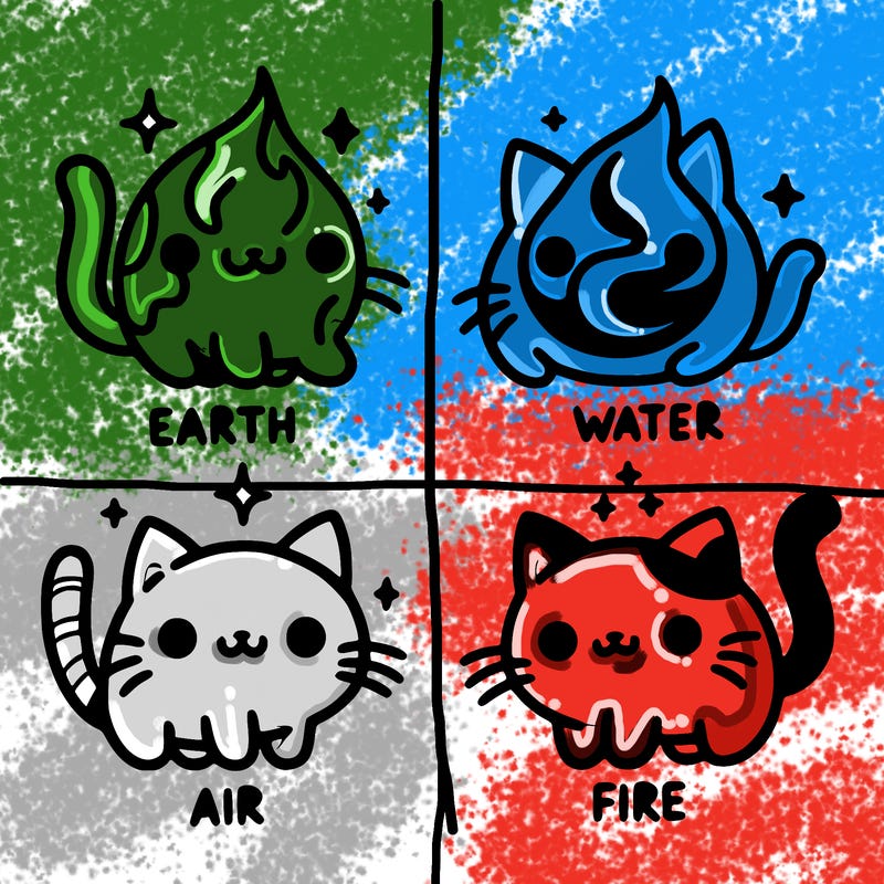 4 cats that represent the different elements, earth, water, air, and fire